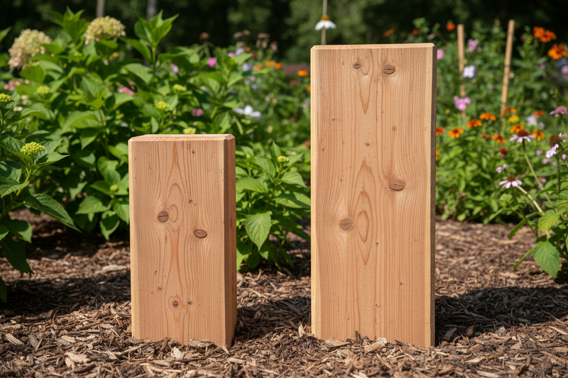 A high-quality photograph of two pieces of rough-sawn Hemlock lumber standing vertically side-by-side in garden soil. On the left is a 4x4 post, and on the right is a significantly sturdier 6x6 post, clearly showing the size difference. The wood has a natural, pale reddish-brown hue with a distinct, slightly coarse grain and tight knots characteristic of Eastern Hemlock. The background is a gently blurred, sunlit garden with green foliage, flowering plants, and natural mulch. Natural daylight, sharp focus o